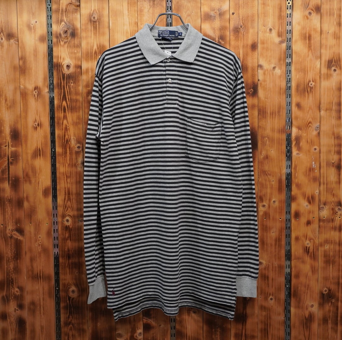 90s ralphlauren the big shirt ボーダー 長袖ポロシャツ S/ラルフローレン ビッグシャツ 裾ポニー
