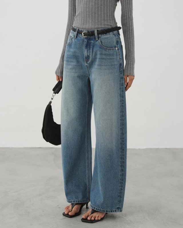 High-waisted washed denim pants　TH3737