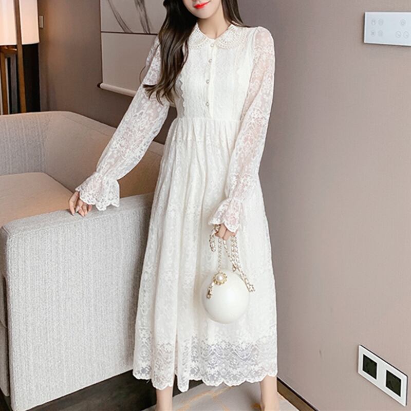 ワンピース レース 視線集中 Aライン 長袖 流行り ラウンドカラー 女性らしい おしゃれ アプリコット S M L Xl Dresszone