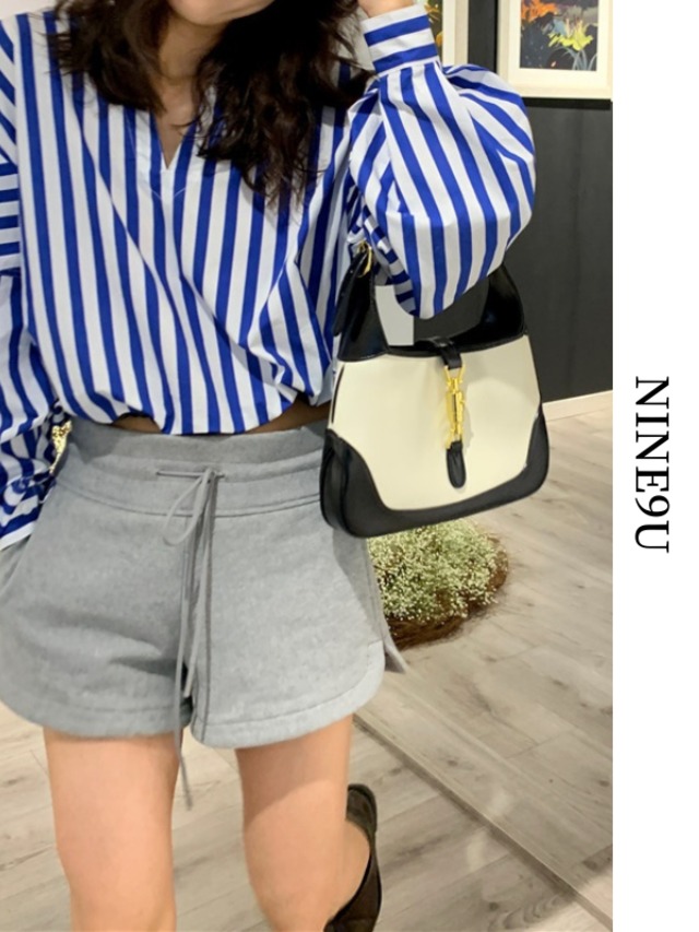 stripe marine puff-sleeve blouse【NINE5923】