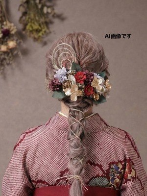 【アネモネ水引髪飾　パープル】　金箔プレゼント　袴　振袖　成人式　ヘアドレス　ヘアパーツ　プリザーブドフラワー　ドライフラワー k-0155