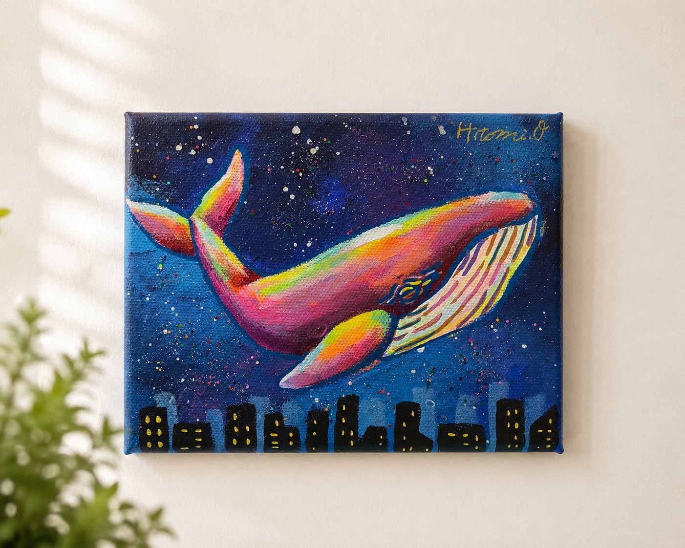 カラフルなキリンと花のキャンバスアート 原画　F4号キャンバス　現代アート カラフルなキリンと花のキャンバスアート 原画 F4号キャンバス 現代