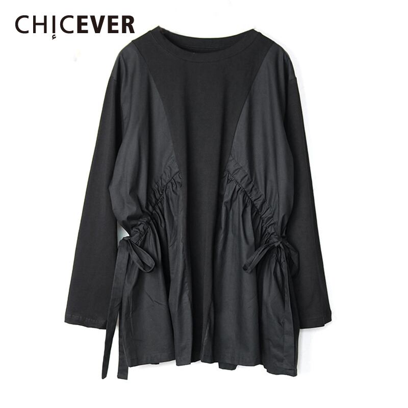 CHICEVERパッチワークTシャツ女性Oネック長袖巾着シャーリング特大ルーズTシャツ2020秋の潮 ロング 6base557951762158