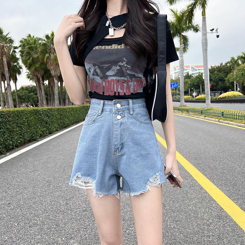 【新作】【送料無料】 ホットガールリッピングインデニムショートパンツルーズ女性ハイウエスト2022夏韓国スタイルワイドレッグAラインパンツトレンディ 0378726333058