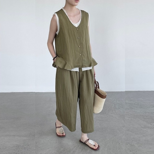 Fake Two-Piece Sleeveless & Wide Leg パンツ セットアップ [26010475]