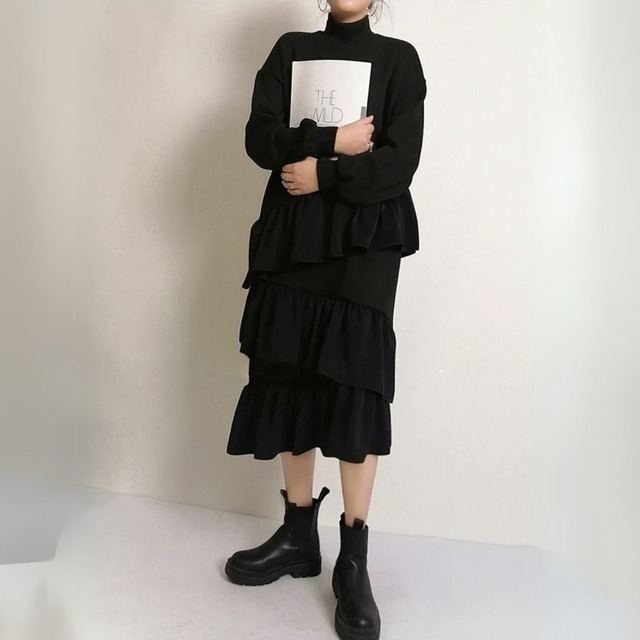 ハイネック　シフォンフリル　裏起毛　スウェットドレス〈２カラー サイズ F 〉