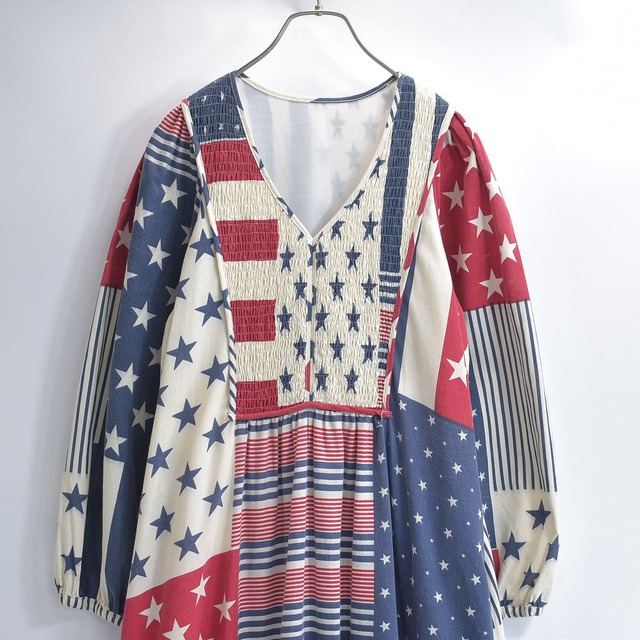 Remake リメイク 再構築 スター&ストライプ 星条旗 プリントデザイン ロングワンピース アメリカ 国旗柄 裏地付き レディースM～相当