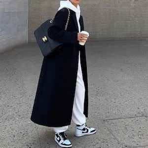 Black mid-length loose wool jacket【H00420】