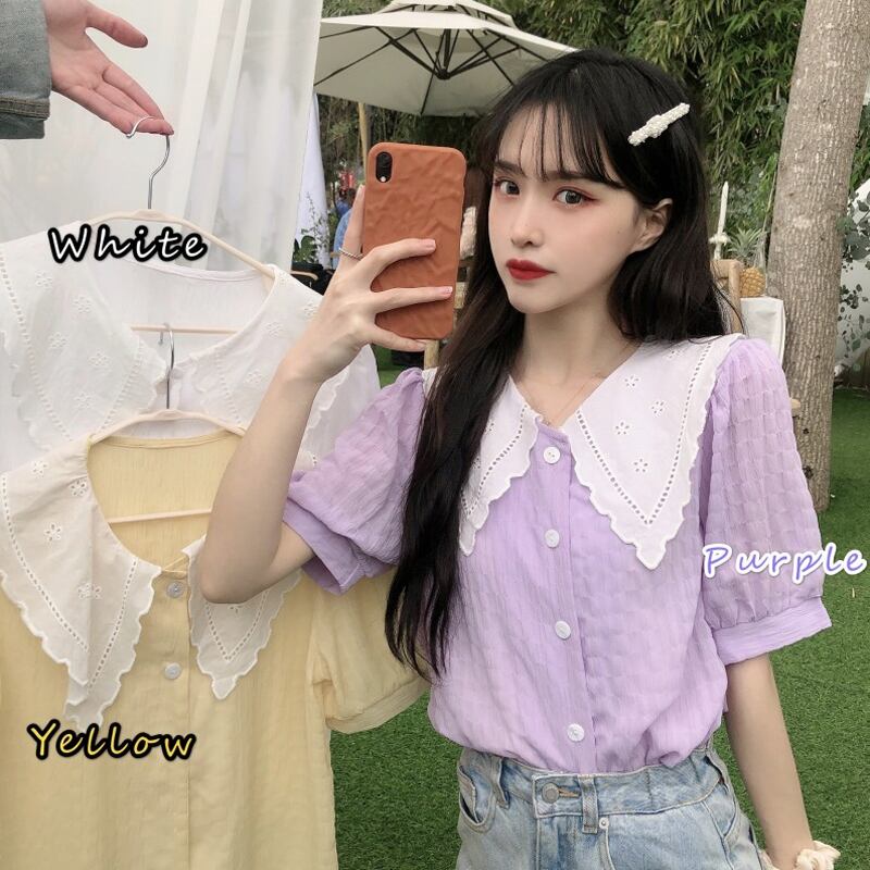 カラーシャツ スタイルスリーブトップス パープル 試着室79167352165