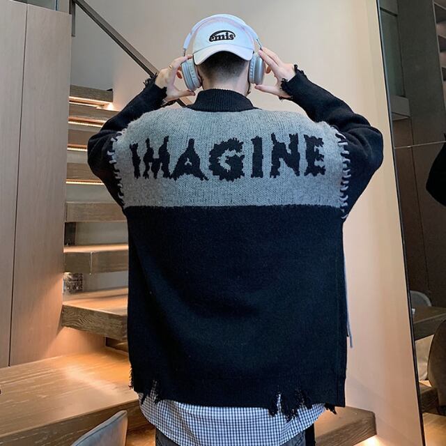 【予約販売】カーディガン ニット ジップアップ セーター アウター バックデザイン カジュアル ブラック グレー グリーン オーバーサイズ メンズ こなれ感 ストリート お洒落 韓国 トレンド 秋冬 M/L/XL/2XL