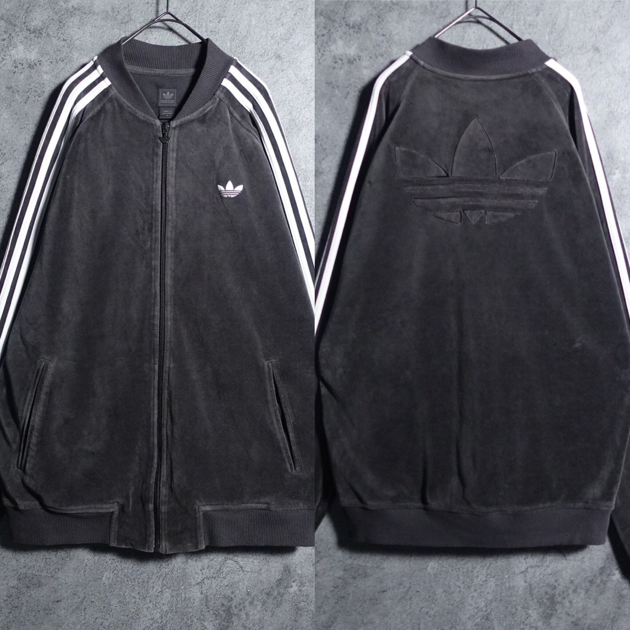 00s “adidas” Charcoal Gray Double Sided Trefoil Embroidered Velor Track Jacket