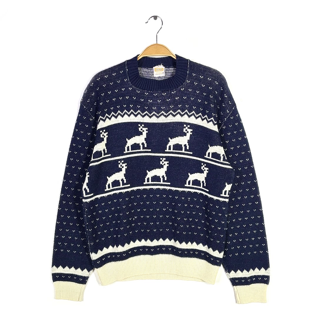 70s DRUMMOND ヴィンテージ アクリルセーター トナカイ ジャガード ネイビー サイズL相当 ネイビー 古着 CH1099