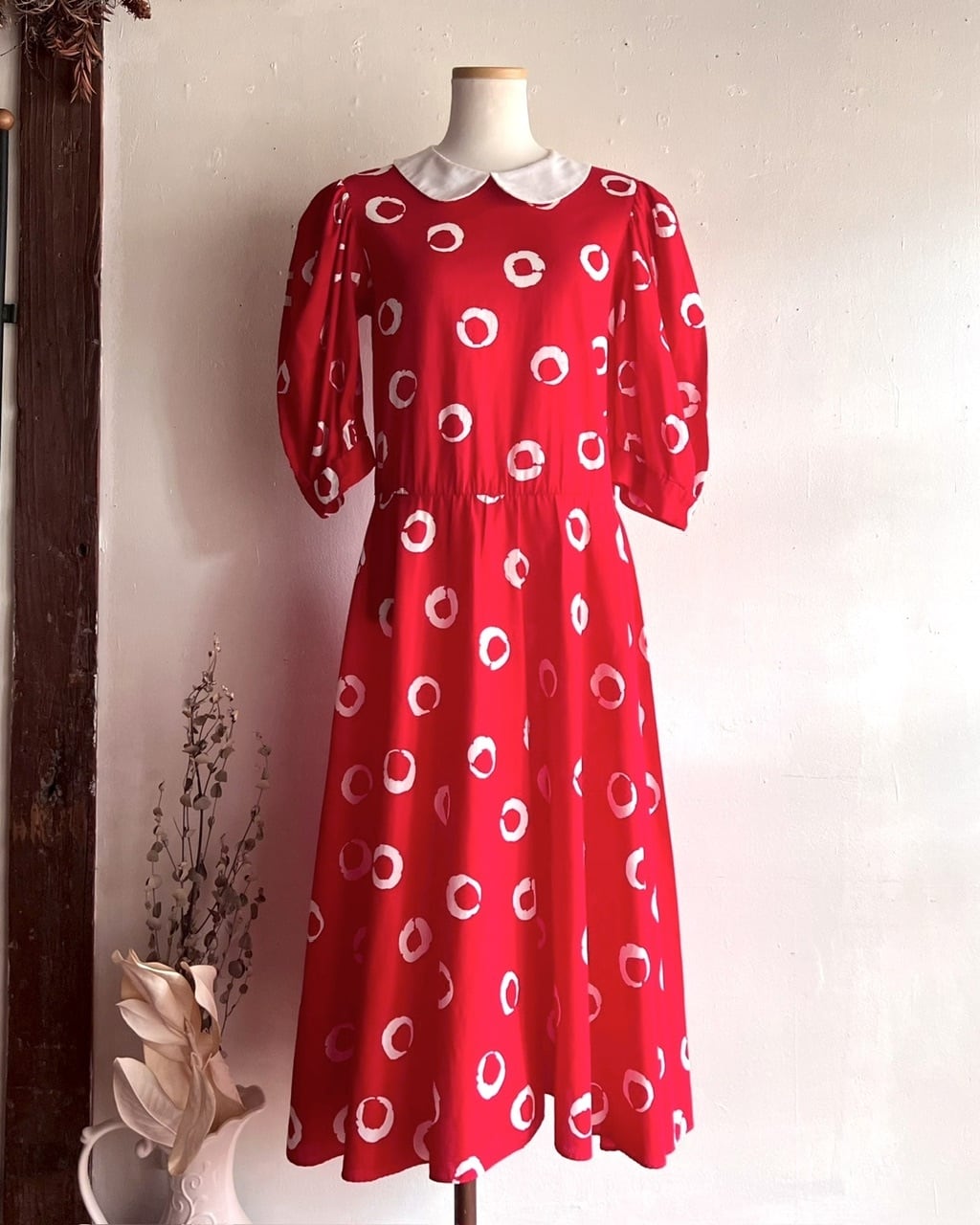 U.S.vintage round collar long dress/まるっと絵柄の可愛い赤白水玉
