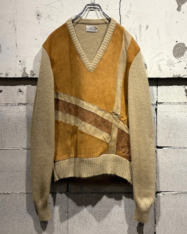 【Caka otto】70's “Schiatti & C” Nubuck Leather × Mohair Vintage V Neck Knit