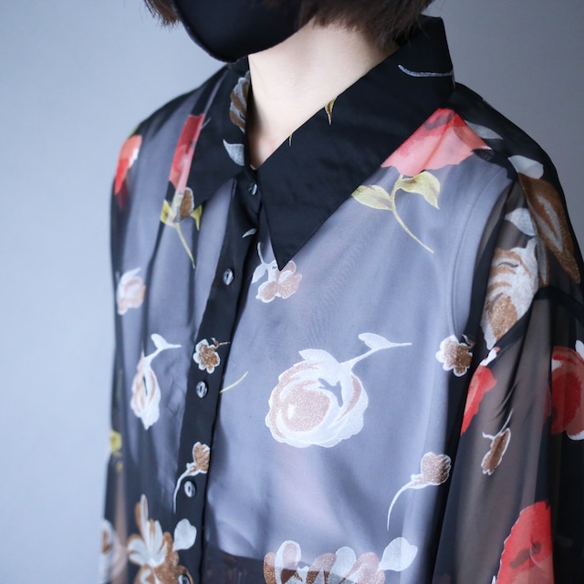 flower art pattern loose black see-through shirt