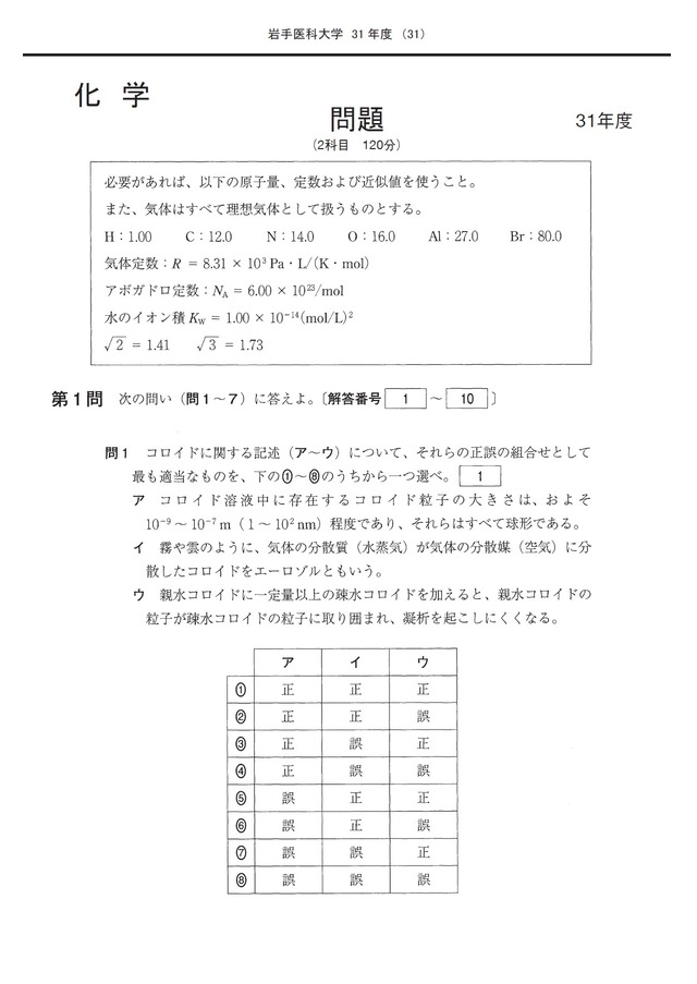 2027年度　私立医学部入試問題と解答　1.岩手医科大学