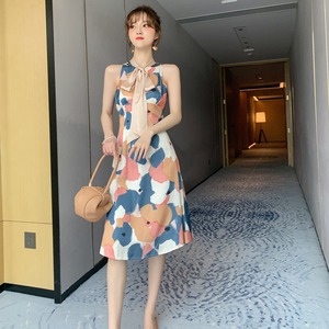 レトロ調花柄ミニドレスAラインリボン大人可愛いXH2-JY3858