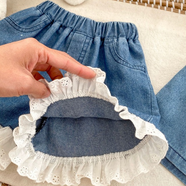 【BABY】裾フリルレースデザインデニムハーフパンツ - 5