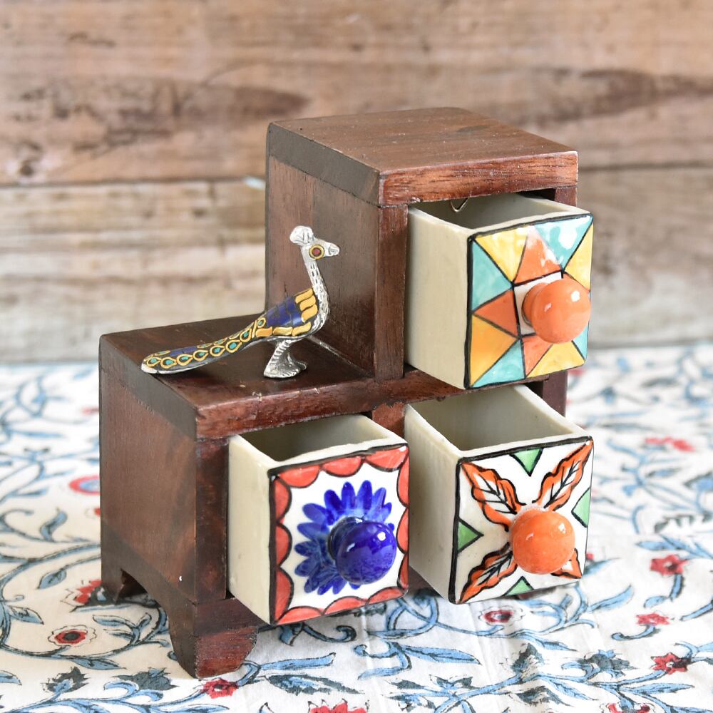 インド木彫り 小引き出し小物入れ