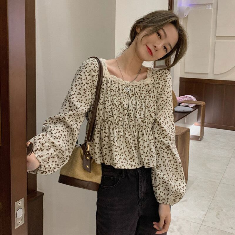 レースカラーフローラルシャツ スタイルショートスプリングスタンダードブラウス ロング レトロ 大人ガーリー スウィート キュート カジュアル 春物 花柄 スクウェア 萌量不足5020933304