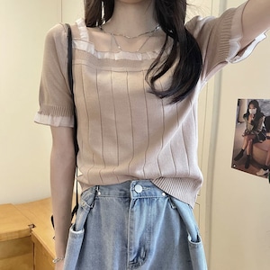 スクエアネック ニット 半袖 レディース トップス 春夏 韓国 おしゃれ きれいめ シンプル レース付き 大人 カジュアル リブニット 大人可愛い 大人女子