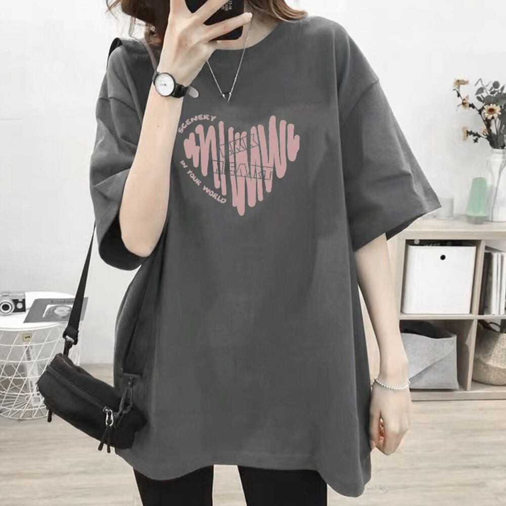 ハートロゴ Tシャツ レディース 半袖 トップス 春夏秋 おしゃれ 大人