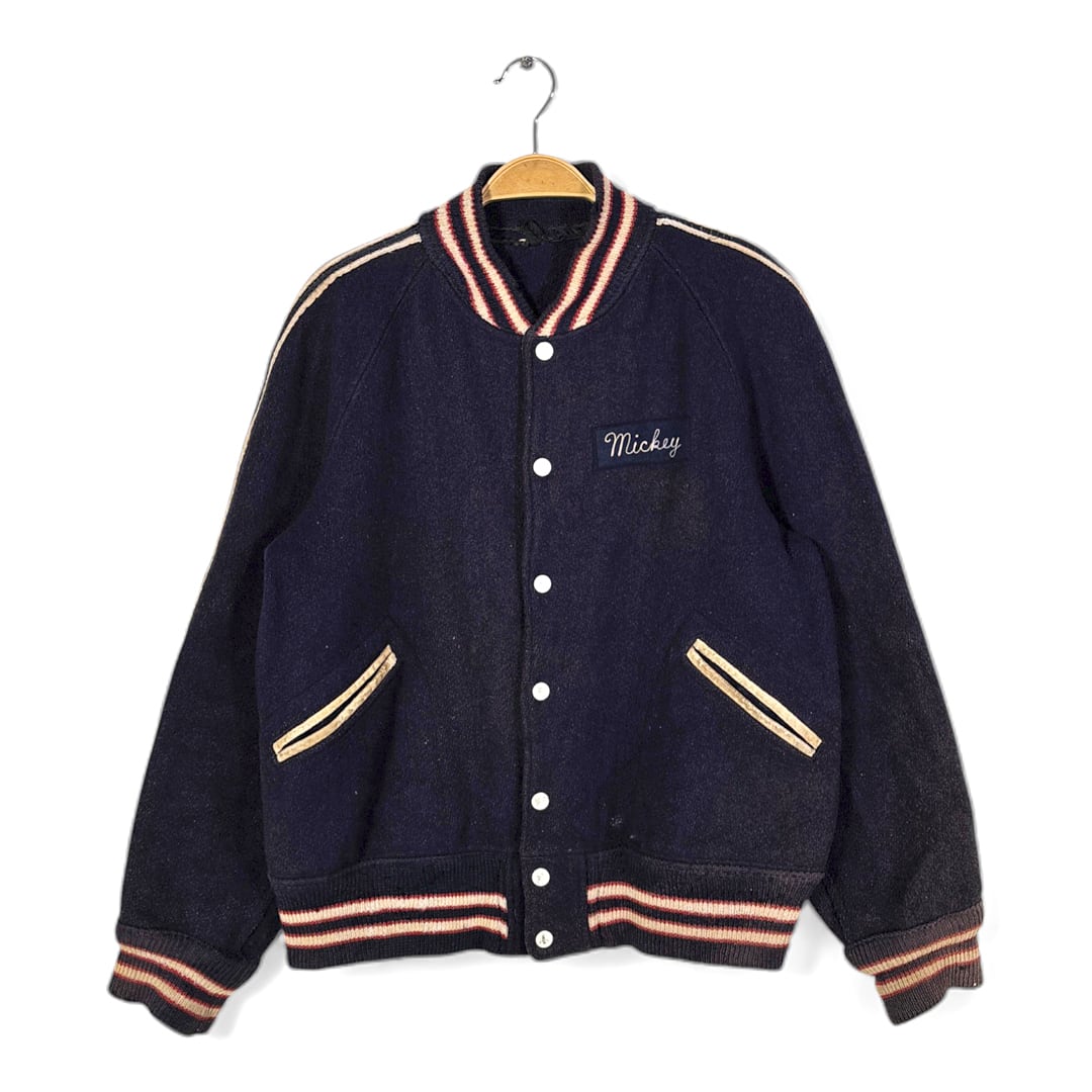 50s 60s メルトンウール ヴィンテージ アワードジャケット スタジャン ネイビー フェード ワッペン サイズL相当 古着 DZ0812