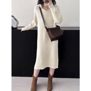 hooded v neck rib knit one piece N30178