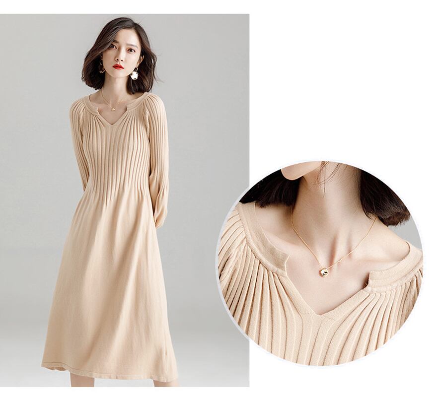ニットワンピース リブ切替 長袖 バルーンスリーブ ロング 膝下丈 キーネック フレア Aライン レディース キャメル アプリコット 代 30代 40代 50代 Elegant