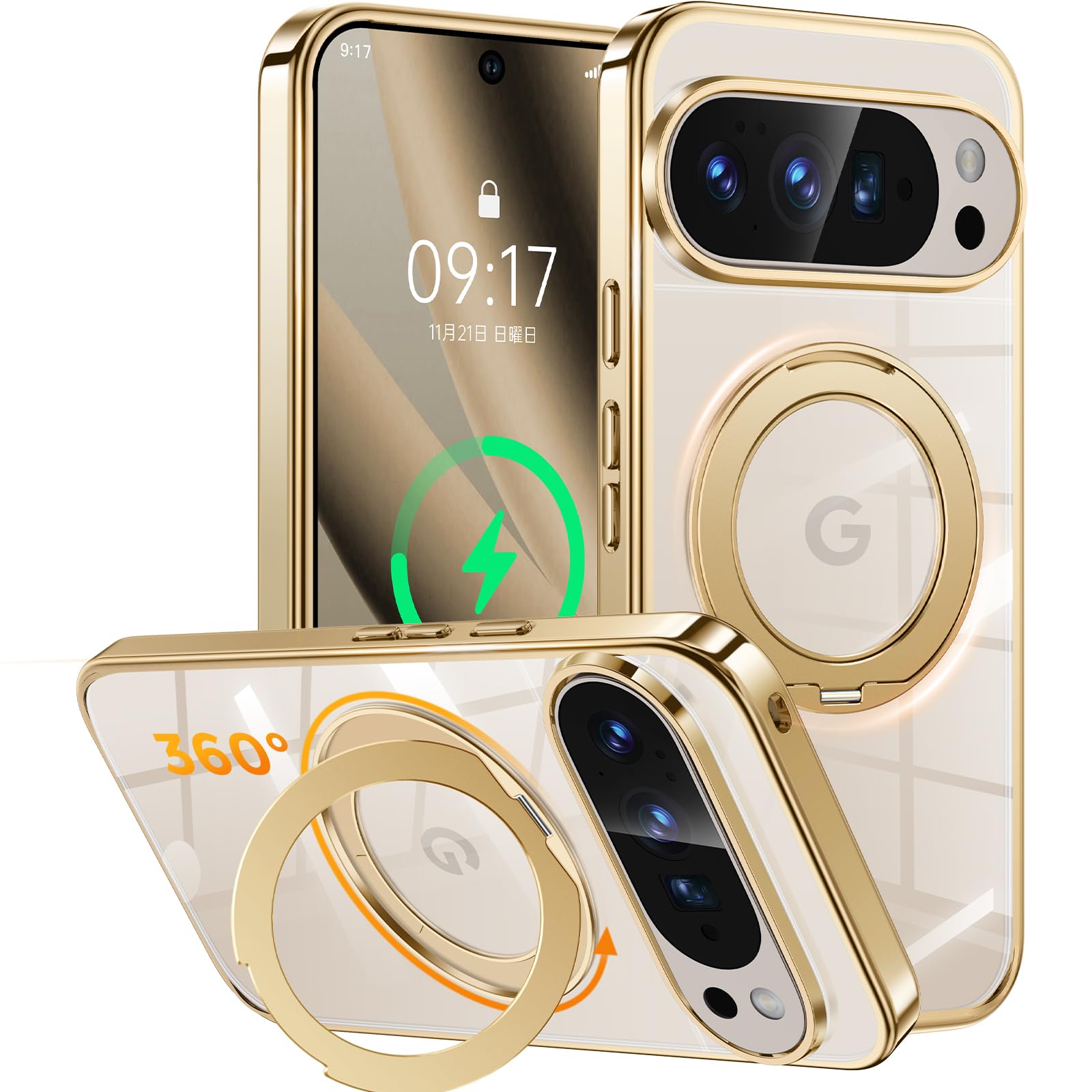 【多機能一体・360度回転スタンド・MagSafe対応】NIANGUO Google Pixel 10 Pro XL 用 ケース (ゴールド)