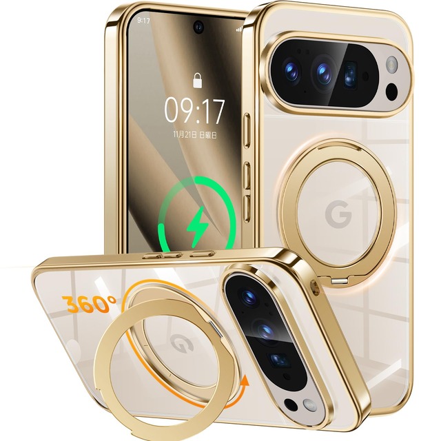 【多機能一体・360度回転スタンド・MagSafe対応】NIANGUO Google Pixel 10 Pro XL 用 ケース (ゴールド)