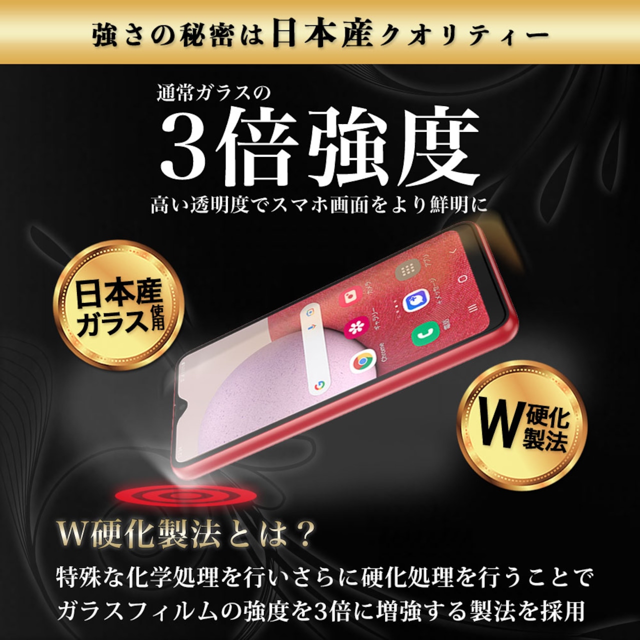 Hy+ Galaxy A23 5G フィルム SC-56C SCG18 ガラスフィルム W硬化製法 一般ガラスの3倍強度 全面保護 全面吸着 日本産ガラス使用 厚み0.33mm ブラック