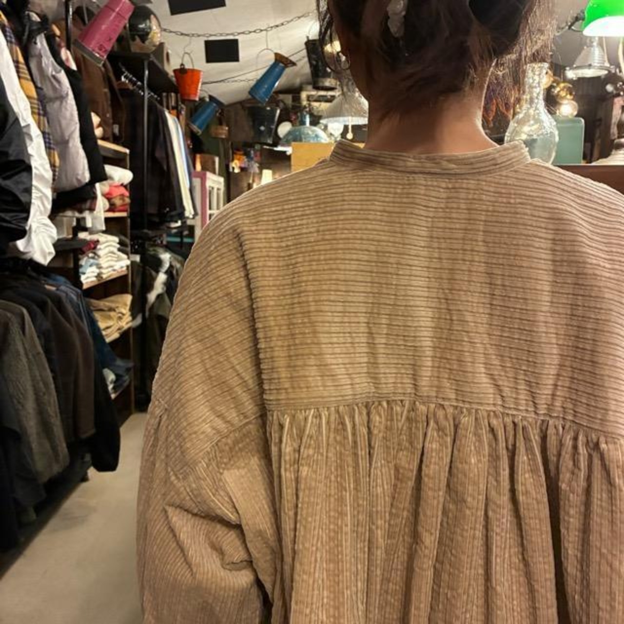 UNIVERSAL TISSU Parent-Child Corduroy Shirred Blouse, Beige/Brown, Long Sleeve Blouse, Balloon Sleeves, Oversized
