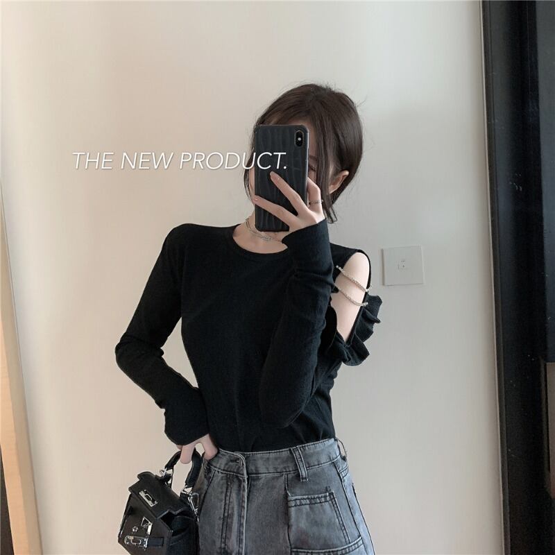 オフショルダーの黒の長袖ニットセーターボトミングシャツ女性の2020年秋新しいスリムで薄いプルオーバーインナートップ ブラックストロベリース22957024547