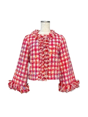 フリンジデザインツイードジャケット white pink check