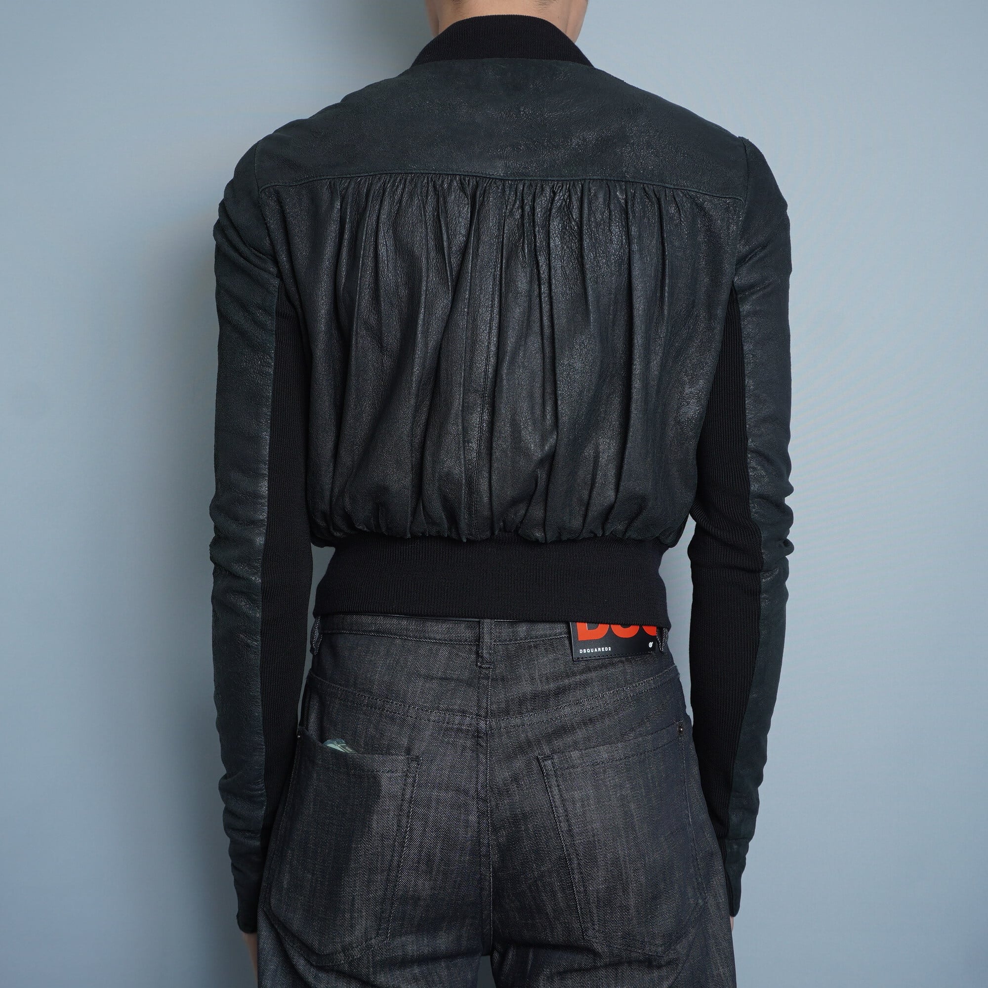 Rick Owens】リックオウエンス カーフレザーニット切替ギャザージップ