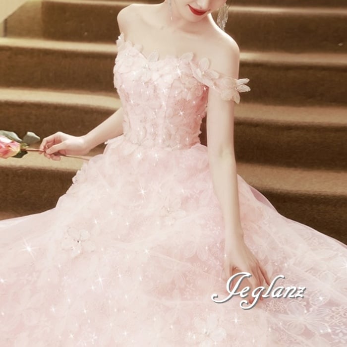 華やか パーティ イブニングドレス 花モチーフ 背中 編み上げ ラインストーン( M7420)ζ