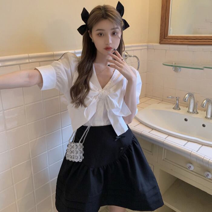 サマースタイルリボンシャツ スカート レディース 大人ガーリー スウィート キュート カジュアル 夏物 ドラファッションホール11467028970