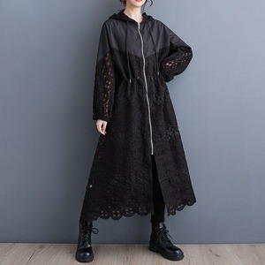 LACE PANEL HOODED LONG RELAXED FIT COAT M-18804