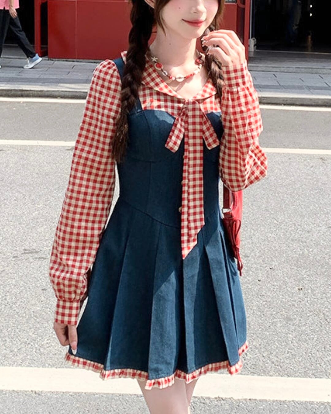 チェックリボンデニムプリーツワンピース(2 types) 2508513
