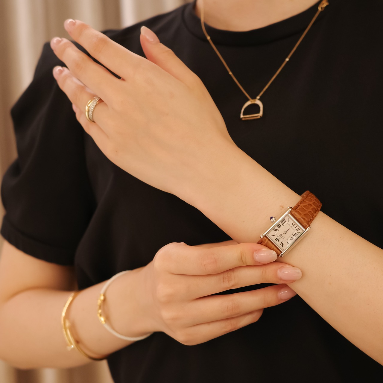 カルティエ マストタンク MM ピンク格子文字盤 シルバー