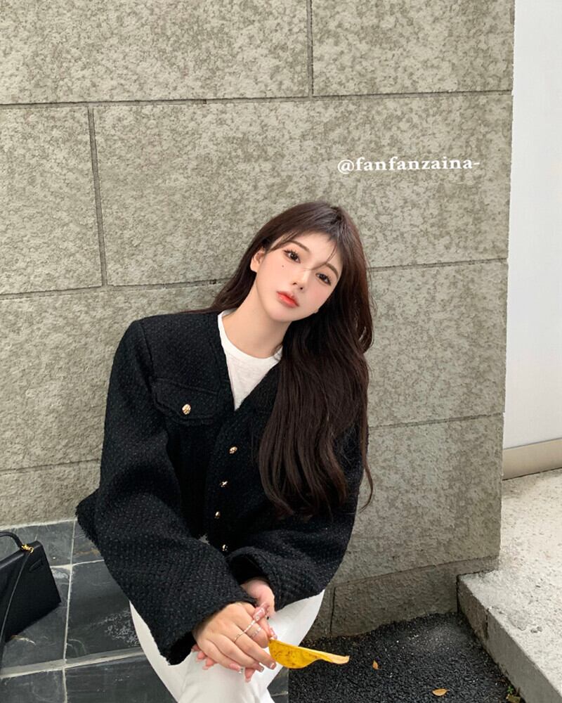 ツィードショートカーディガンジャケット レディースオータムブラックVネックトップス ロング 秋物 ブラックストロベリース32956810305