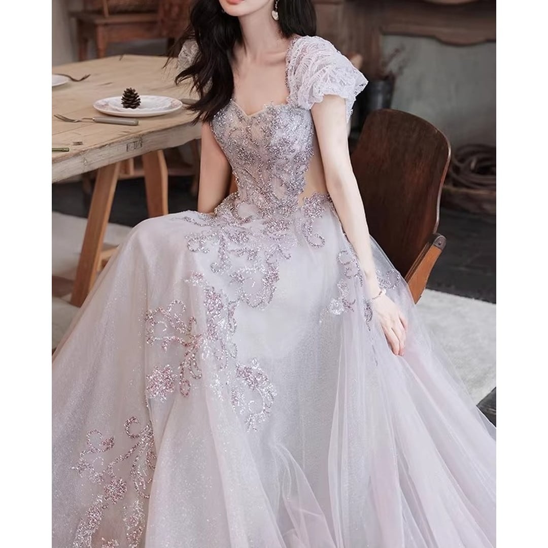 Puff Sleeve A-Line Maxi Long Dress V3317