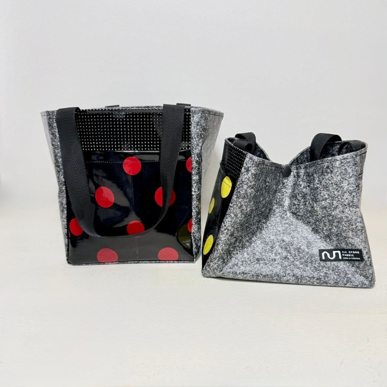 お散歩バッグ(底面B6サイズ)【黄マル 黒メッシュ】 | ajistonefabric