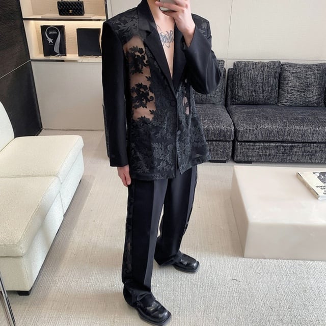 予約販売】メンズ セットアップ スーツ 上下 ジャケット 透け感 シアー