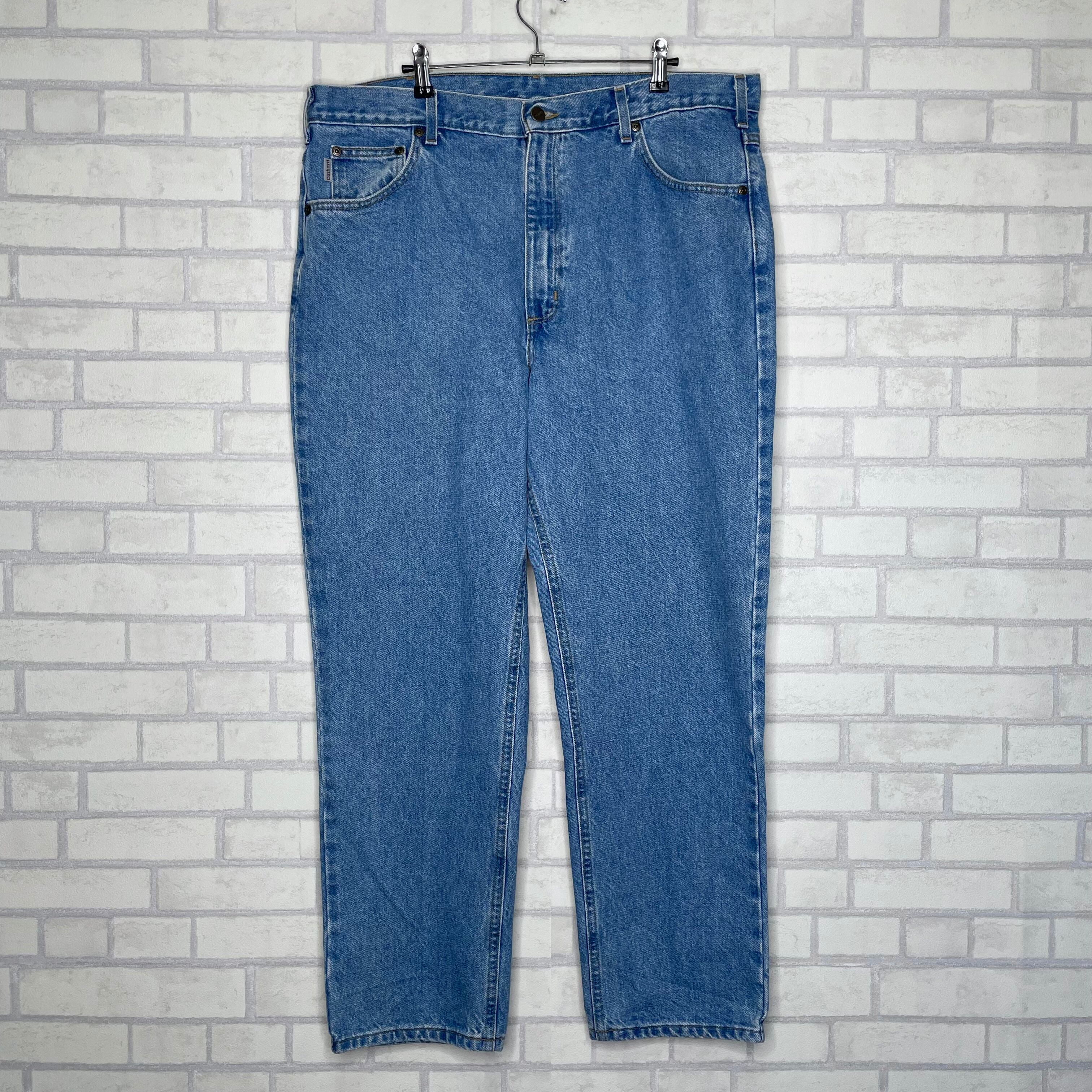 Carhartt デニムパンツ W40×L30 革パッチ ライトブルー 状態良好 