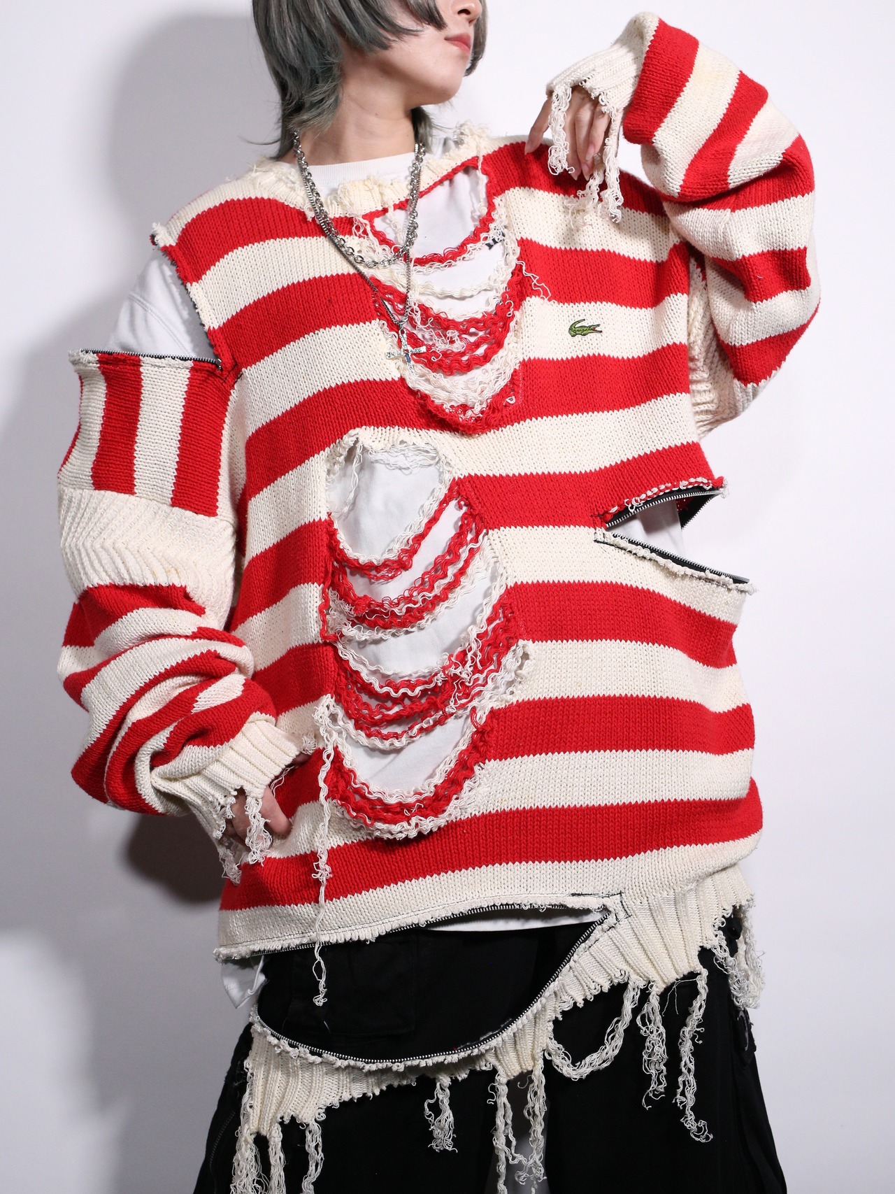 REMAKE / clash bolo × zip XXL over silhouette border knit - 3