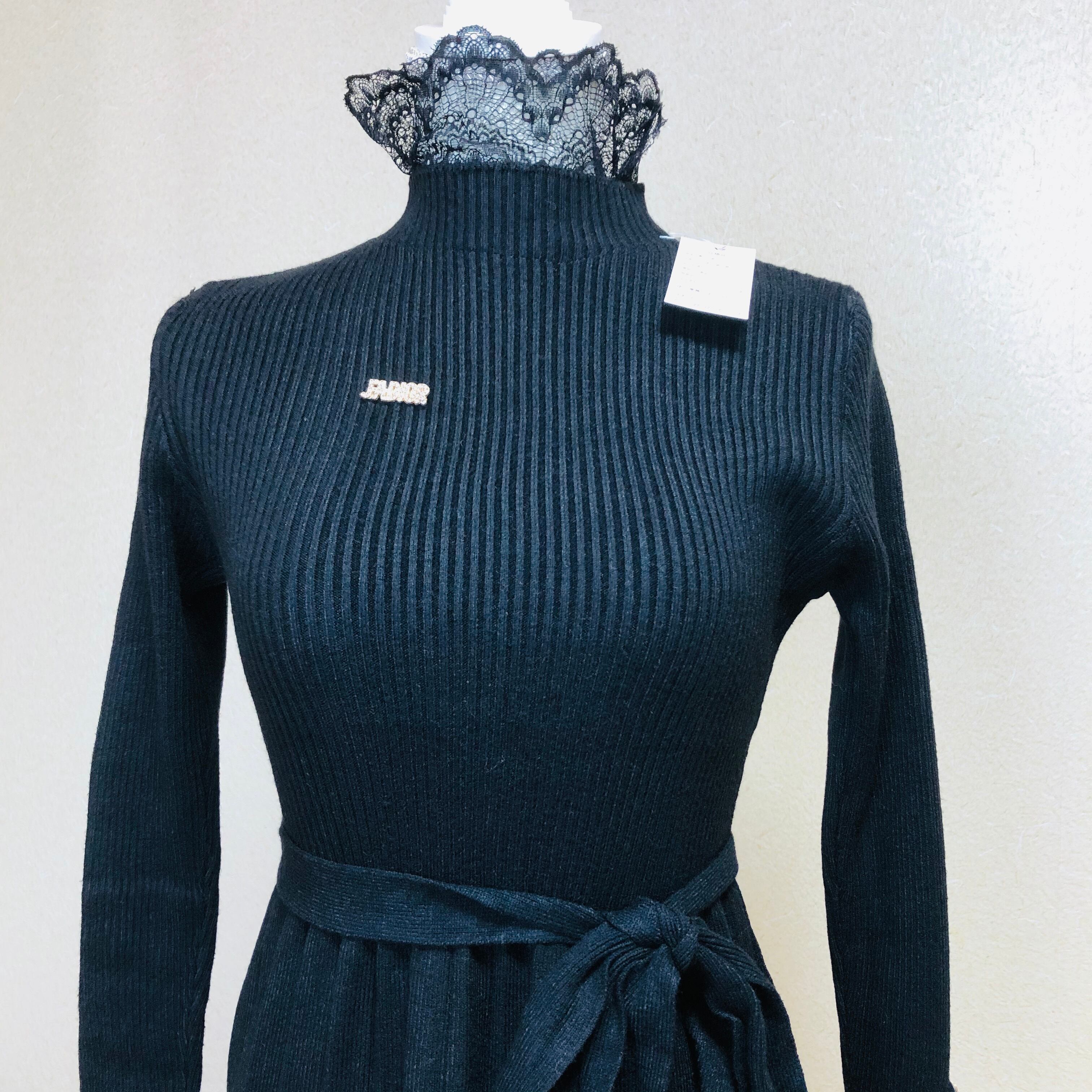 即納】ブラック 長袖 ニット プリーツ ワンピース 手首＆首元