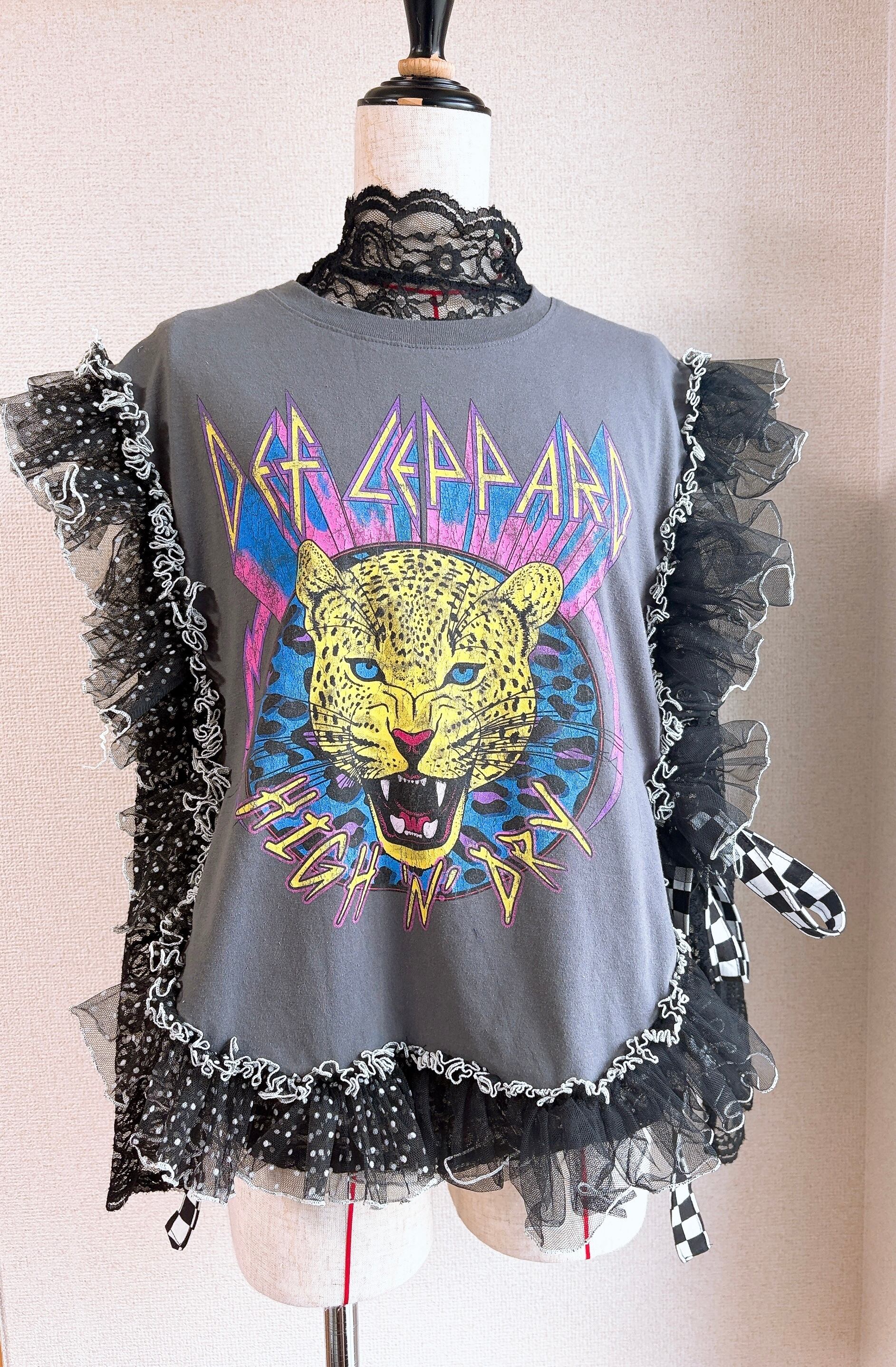 【一点物リメイク】Def Leppard バンドT × ドットチュール フリル装飾トップス