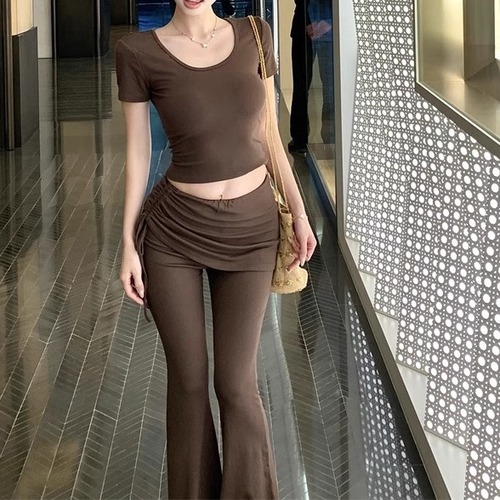 【2点セット】2色／トップス＋アシメドロストコンビパンツ ・11492